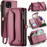 For Samsung Galaxy A22 5G CaseMe C36 Card Slots Zipper Wallet RFID Anti-theft Leather Phone Case(Wine Red)