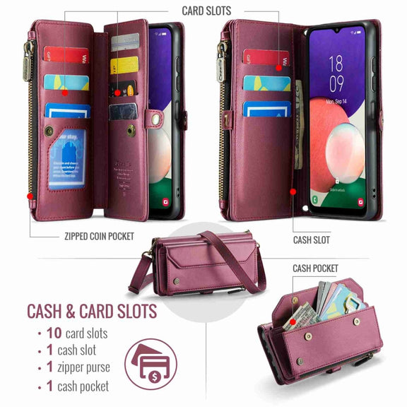 For Samsung Galaxy A22 5G CaseMe C36 Card Slots Zipper Wallet RFID Anti-theft Leather Phone Case(Wine Red)