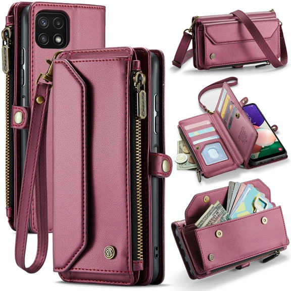 For Samsung Galaxy A22 5G CaseMe C36 Card Slots Zipper Wallet RFID Anti-theft Leather Phone Case(Wine Red)