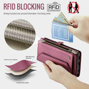 For Samsung Galaxy A22 5G CaseMe C36 Card Slots Zipper Wallet RFID Anti-theft Leather Phone Case(Wine Red)