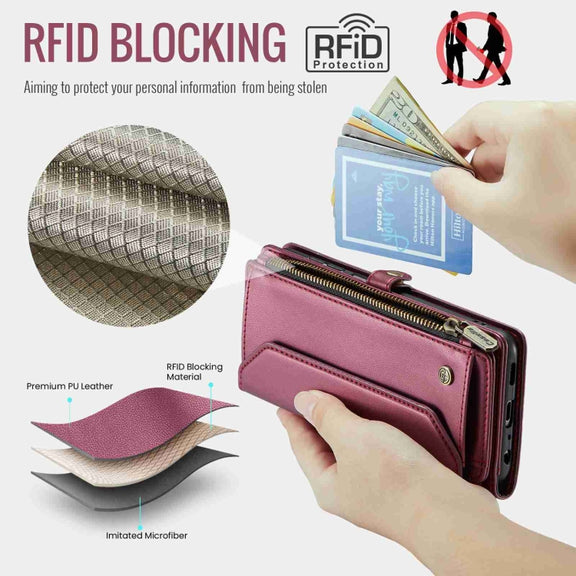 For Samsung Galaxy A22 5G CaseMe C36 Card Slots Zipper Wallet RFID Anti-theft Leather Phone Case(Wine Red)