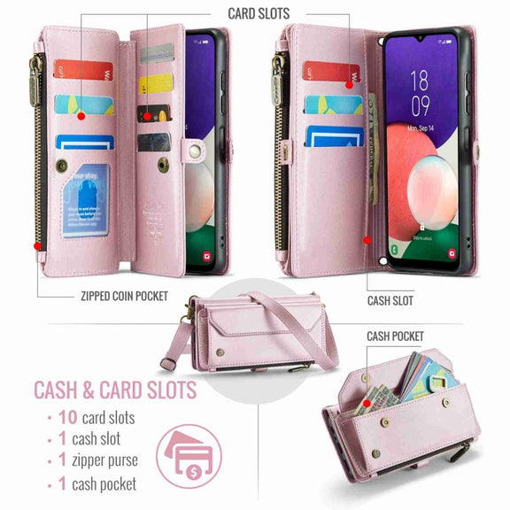 For Samsung Galaxy A22 5G CaseMe C36 Card Slots Zipper Wallet RFID Anti-theft Leather Phone Case(Pink)