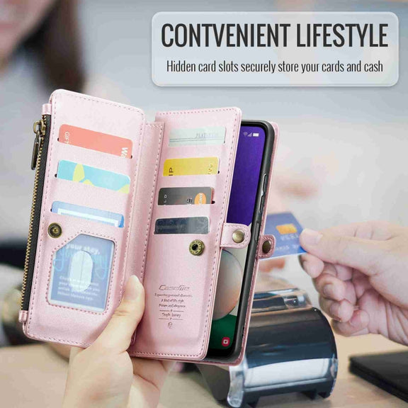 For Samsung Galaxy A22 5G CaseMe C36 Card Slots Zipper Wallet RFID Anti-theft Leather Phone Case(Pink)