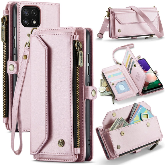 For Samsung Galaxy A22 5G CaseMe C36 Card Slots Zipper Wallet RFID Anti-theft Leather Phone Case(Pink)