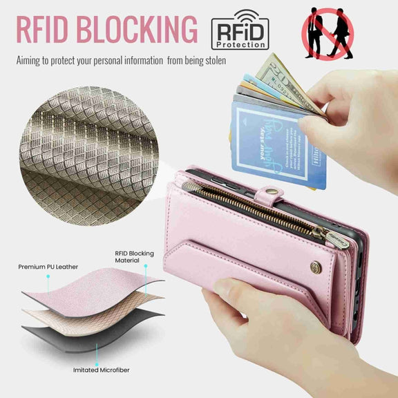For Samsung Galaxy A22 5G CaseMe C36 Card Slots Zipper Wallet RFID Anti-theft Leather Phone Case(Pink)