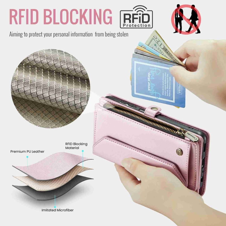 For Samsung Galaxy A22 5G CaseMe C36 Card Slots Zipper Wallet RFID Anti-theft Leather Phone Case(Pink)