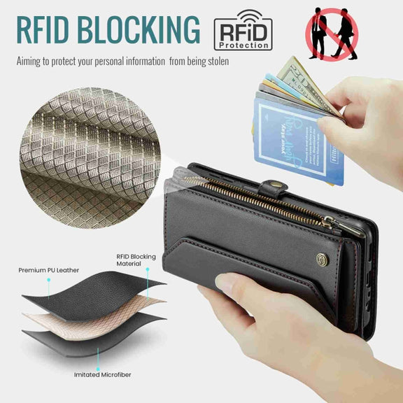 For Samsung Galaxy A23 CaseMe C36 Card Slots Zipper Wallet RFID Anti-theft Leather Phone Case(Black)