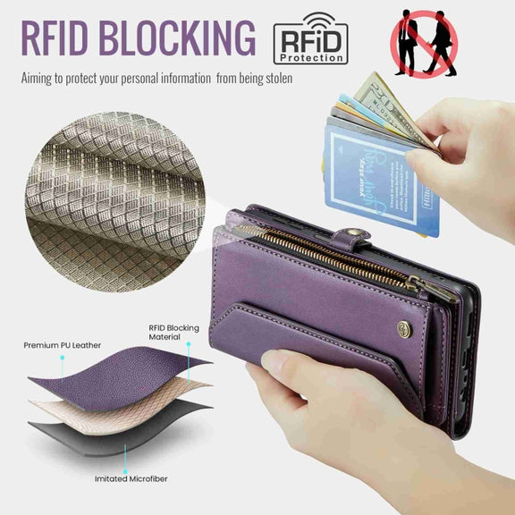 For Samsung Galaxy A23 CaseMe C36 Card Slots Zipper Wallet RFID Anti-theft Leather Phone Case(Purple)