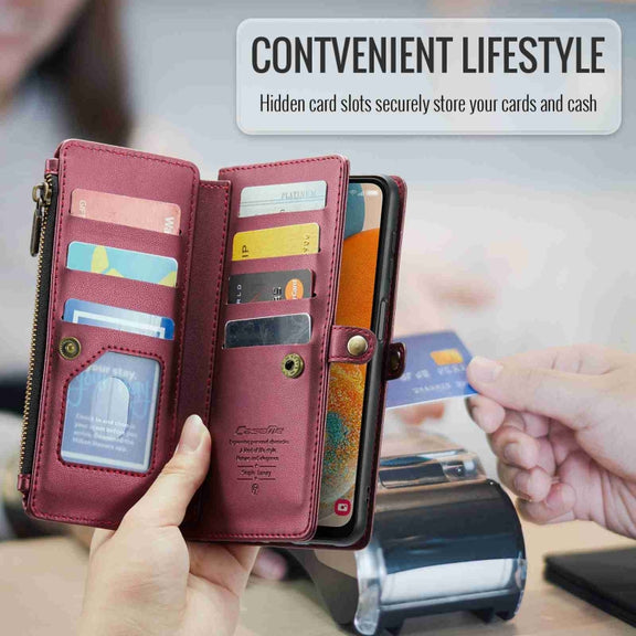 For Samsung Galaxy A23 CaseMe C36 Card Slots Zipper Wallet RFID Anti-theft Leather Phone Case(Wine Red)