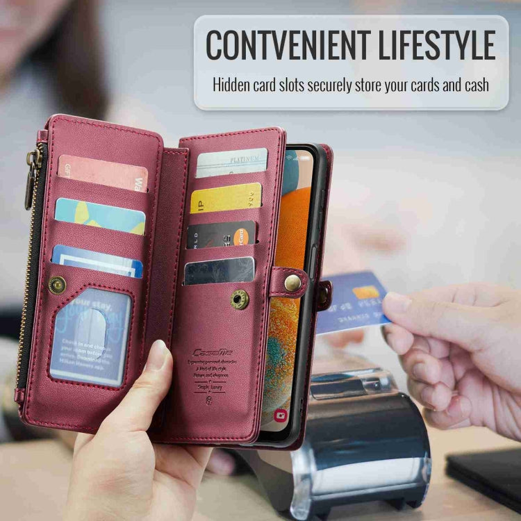 For Samsung Galaxy A23 CaseMe C36 Card Slots Zipper Wallet RFID Anti-theft Leather Phone Case(Wine Red)