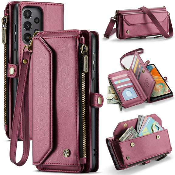 For Samsung Galaxy A23 CaseMe C36 Card Slots Zipper Wallet RFID Anti-theft Leather Phone Case(Wine Red)