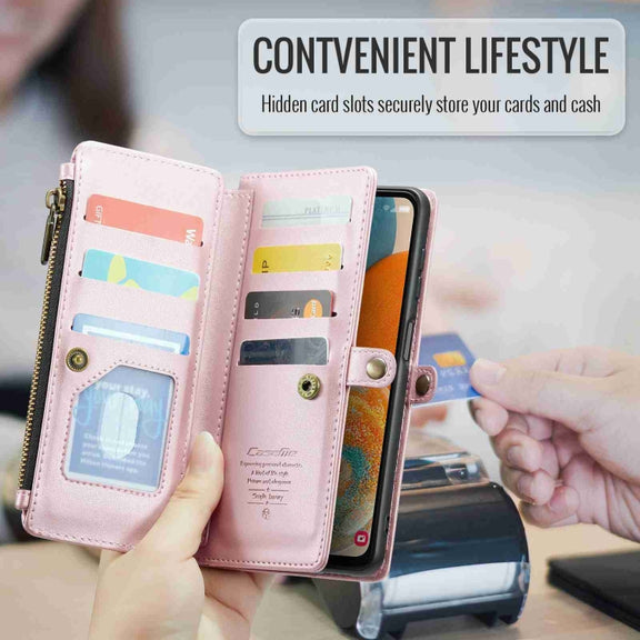 For Samsung Galaxy A23 CaseMe C36 Card Slots Zipper Wallet RFID Anti-theft Leather Phone Case(Pink)