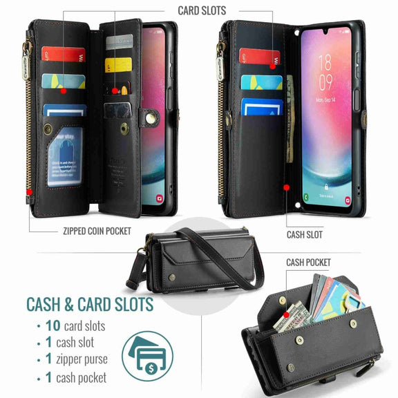 For Samsung Galaxy A24 CaseMe C36 Card Slots Zipper Wallet RFID Anti-theft Leather Phone Case(Black)