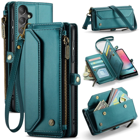 For Samsung Galaxy A24 CaseMe C36 Card Slots Zipper Wallet RFID Anti-theft Leather Phone Case(Blue-green)