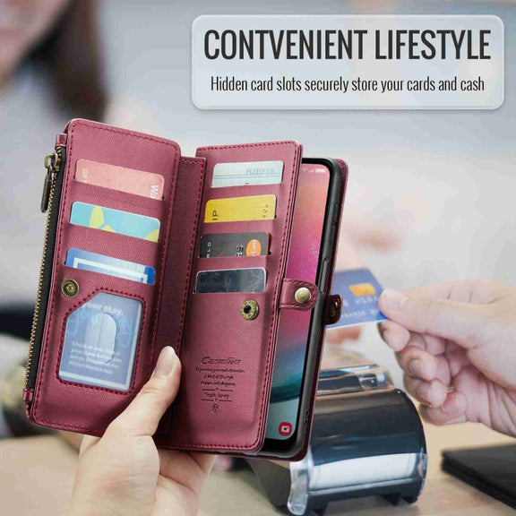 For Samsung Galaxy A24 CaseMe C36 Card Slots Zipper Wallet RFID Anti-theft Leather Phone Case(Wine Red)