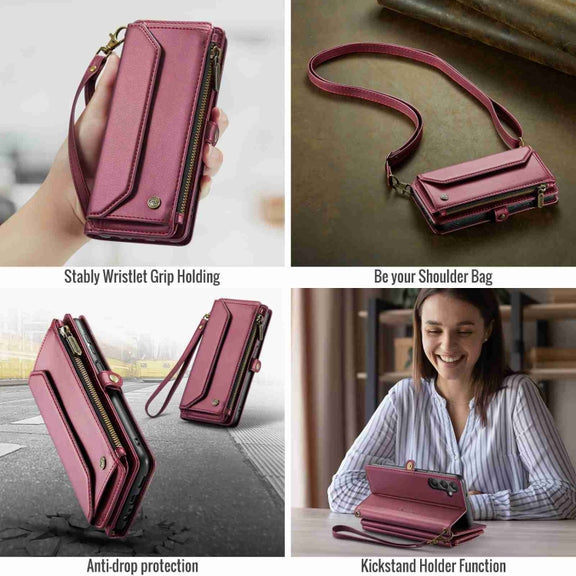 For Samsung Galaxy A24 CaseMe C36 Card Slots Zipper Wallet RFID Anti-theft Leather Phone Case(Wine Red)