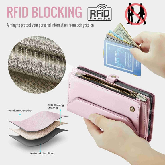 For Samsung Galaxy A24 CaseMe C36 Card Slots Zipper Wallet RFID Anti-theft Leather Phone Case(Pink)