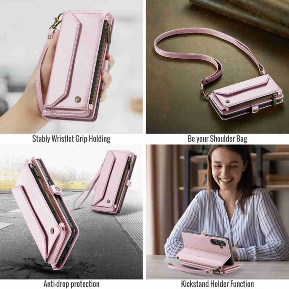 For Samsung Galaxy A24 CaseMe C36 Card Slots Zipper Wallet RFID Anti-theft Leather Phone Case(Pink)