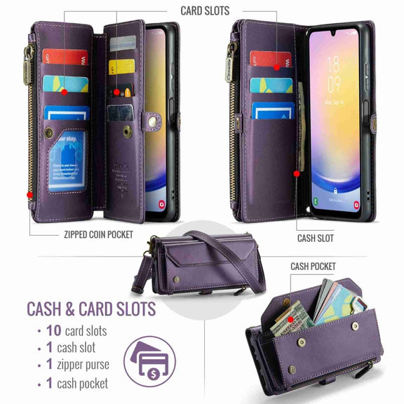 For Samsung Galaxy A25 CaseMe C36 Card Slots Zipper Wallet RFID Anti-theft Leather Phone Case(Purple)