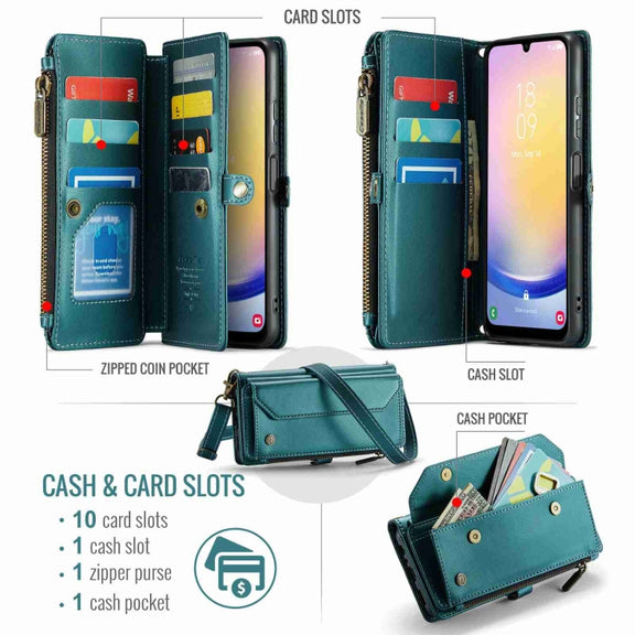 For Samsung Galaxy A25 CaseMe C36 Card Slots Zipper Wallet RFID Anti-theft Leather Phone Case(Blue-green)
