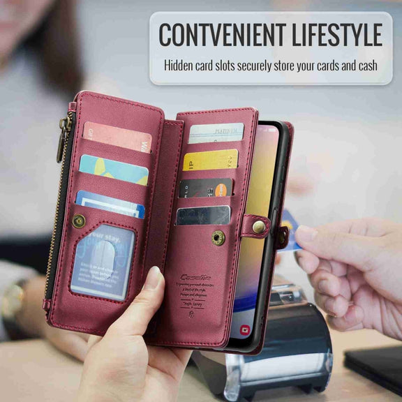 For Samsung Galaxy A25 CaseMe C36 Card Slots Zipper Wallet RFID Anti-theft Leather Phone Case(Wine Red)
