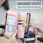 For Samsung Galaxy A25 CaseMe C36 Card Slots Zipper Wallet RFID Anti-theft Leather Phone Case(Pink)