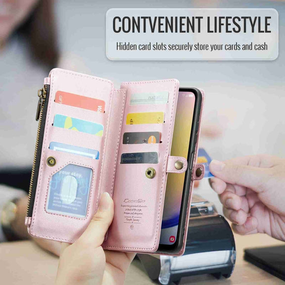 For Samsung Galaxy A25 CaseMe C36 Card Slots Zipper Wallet RFID Anti-theft Leather Phone Case(Pink)