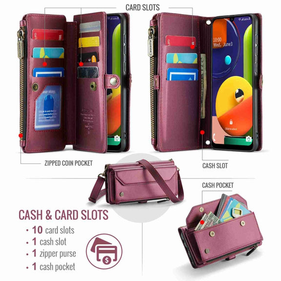 For Samsung Galaxy A30s / A50s / A50 CaseMe C36 Card Slots Zipper Wallet RFID Anti-theft Leather Phone Case(Wine Red)