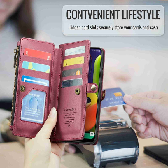 For Samsung Galaxy A30s / A50s / A50 CaseMe C36 Card Slots Zipper Wallet RFID Anti-theft Leather Phone Case(Wine Red)