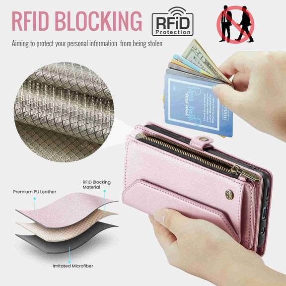 For Samsung Galaxy A30s / A50s / A50 CaseMe C36 Card Slots Zipper Wallet RFID Anti-theft Leather Phone Case(Pink)
