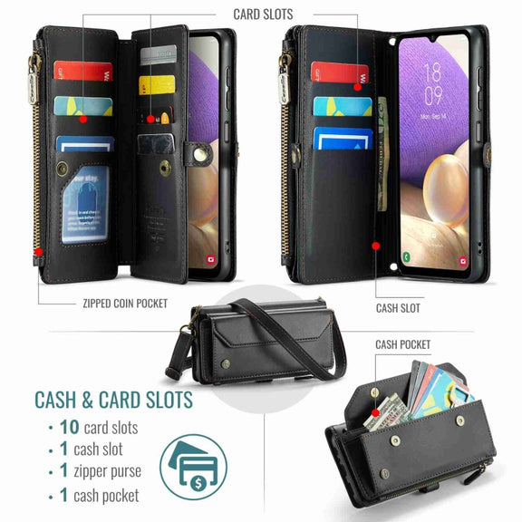 For Samsung Galaxy A32 5G CaseMe C36 Card Slots Zipper Wallet RFID Anti-theft Leather Phone Case(Black)