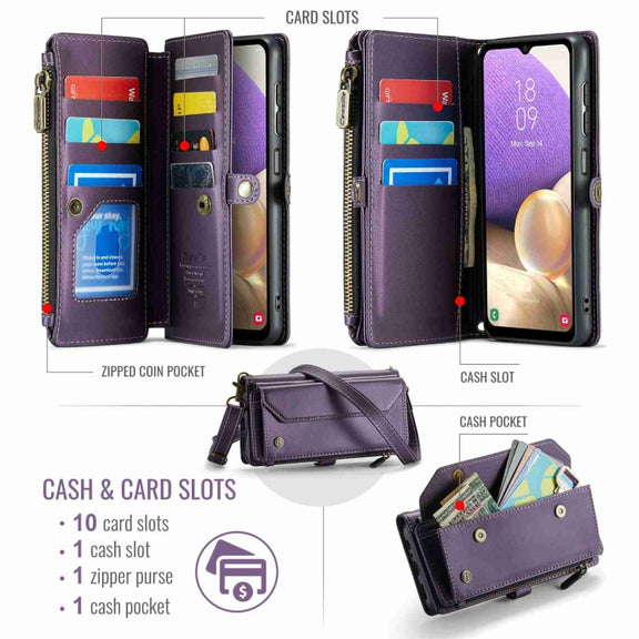 For Samsung Galaxy A32 5G CaseMe C36 Card Slots Zipper Wallet RFID Anti-theft Leather Phone Case(Purple)