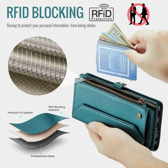 For Samsung Galaxy A32 5G CaseMe C36 Card Slots Zipper Wallet RFID Anti-theft Leather Phone Case(Blue-green)
