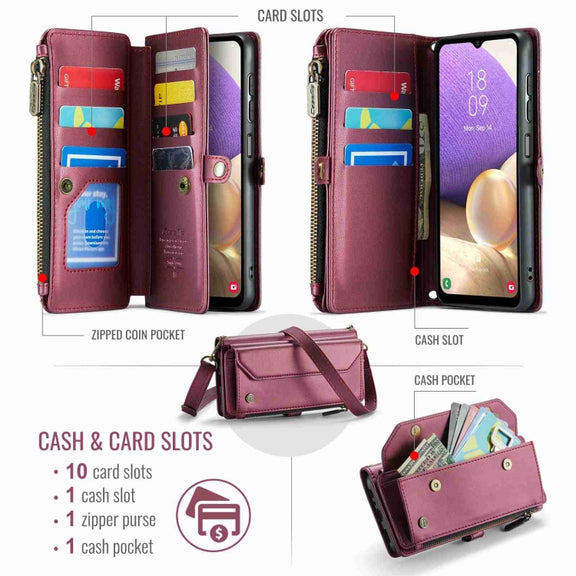 For Samsung Galaxy A32 5G CaseMe C36 Card Slots Zipper Wallet RFID Anti-theft Leather Phone Case(Wine Red)