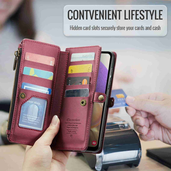 For Samsung Galaxy A32 5G CaseMe C36 Card Slots Zipper Wallet RFID Anti-theft Leather Phone Case(Wine Red)