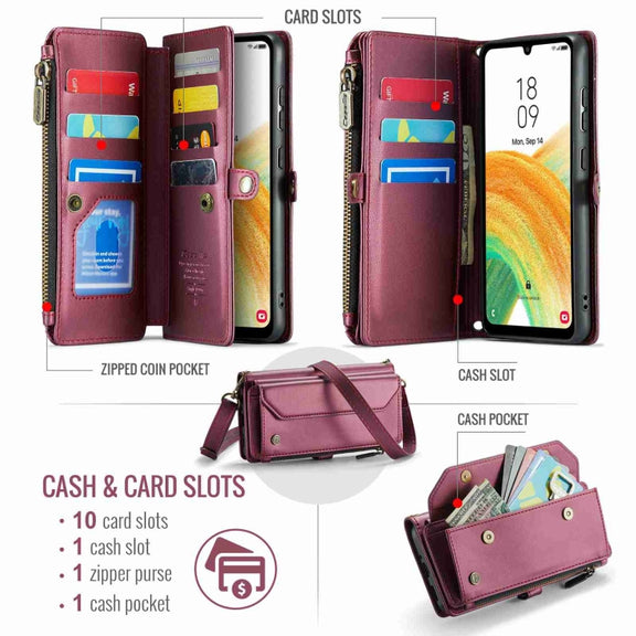 For Samsung Galaxy A33 5G CaseMe C36 Card Slots Zipper Wallet RFID Anti-theft Leather Phone Case(Wine Red)