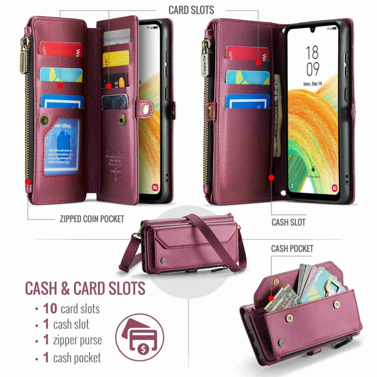 For Samsung Galaxy A33 5G CaseMe C36 Card Slots Zipper Wallet RFID Anti-theft Leather Phone Case(Wine Red)