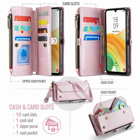 For Samsung Galaxy A33 5G CaseMe C36 Card Slots Zipper Wallet RFID Anti-theft Leather Phone Case(Pink)