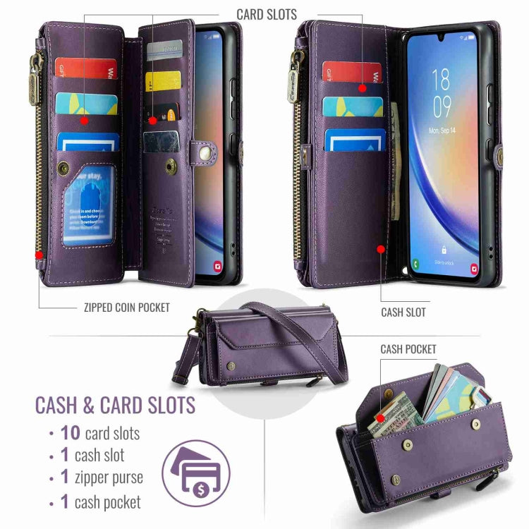 For Samsung Galaxy A34 5G CaseMe C36 Card Slots Zipper Wallet RFID Anti-theft Leather Phone Case(Purple)