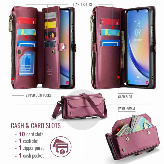 For Samsung Galaxy A34 5G CaseMe C36 Card Slots Zipper Wallet RFID Anti-theft Leather Phone Case(Wine Red)