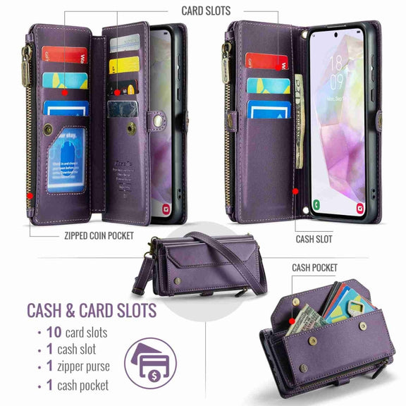 For Samsung Galaxy A35 5G CaseMe C36 Card Slots Zipper Wallet RFID Anti-theft Leather Phone Case(Purple)