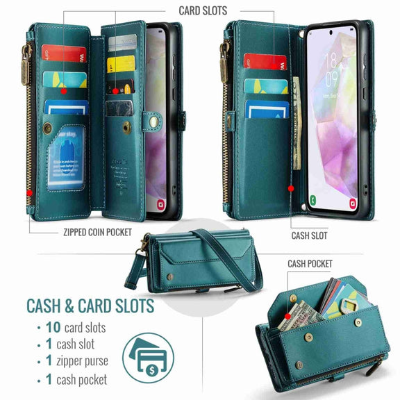 For Samsung Galaxy A35 5G CaseMe C36 Card Slots Zipper Wallet RFID Anti-theft Leather Phone Case(Blue-green)