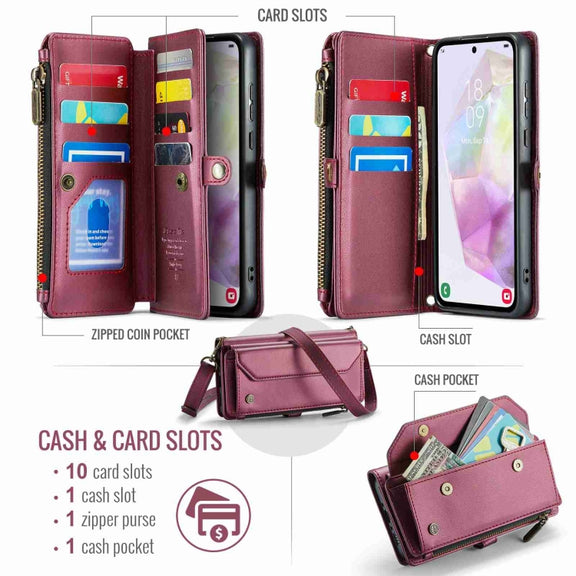 For Samsung Galaxy A35 5G CaseMe C36 Card Slots Zipper Wallet RFID Anti-theft Leather Phone Case(Wine Red)