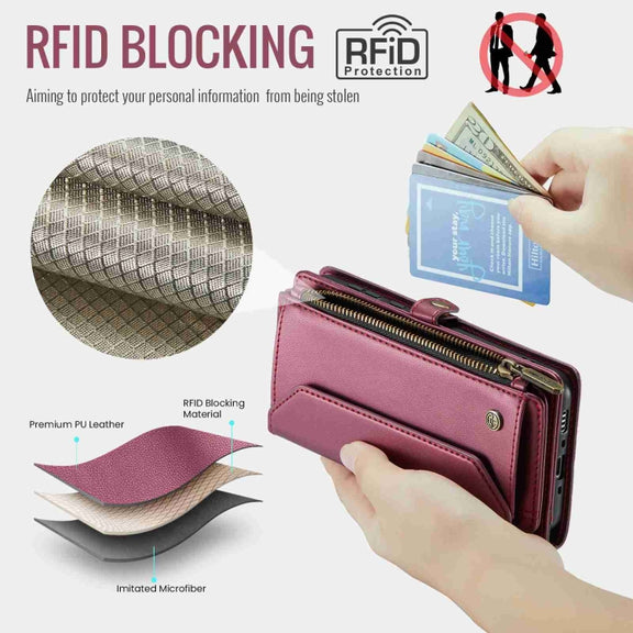 For Samsung Galaxy A35 5G CaseMe C36 Card Slots Zipper Wallet RFID Anti-theft Leather Phone Case(Wine Red)