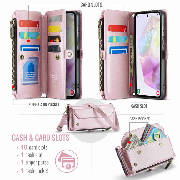 For Samsung Galaxy A35 5G CaseMe C36 Card Slots Zipper Wallet RFID Anti-theft Leather Phone Case(Pink)