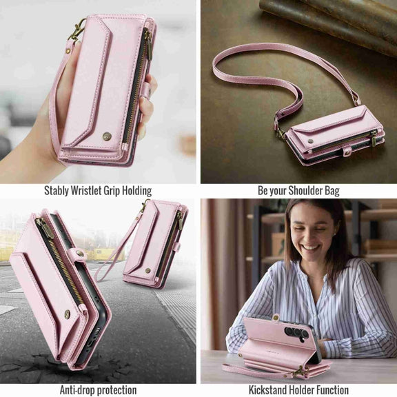 For Samsung Galaxy A35 5G CaseMe C36 Card Slots Zipper Wallet RFID Anti-theft Leather Phone Case(Pink)