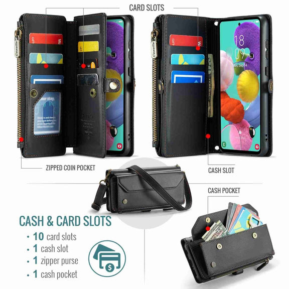 For Samsung Galaxy A51 4G CaseMe C36 Card Slots Zipper Wallet RFID Anti-theft Leather Phone Case(Black)