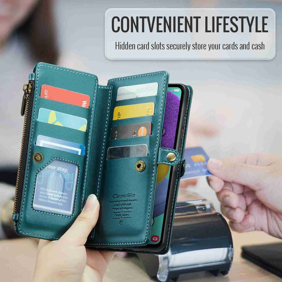 For Samsung Galaxy A51 4G CaseMe C36 Card Slots Zipper Wallet RFID Anti-theft Leather Phone Case(Blue-green)