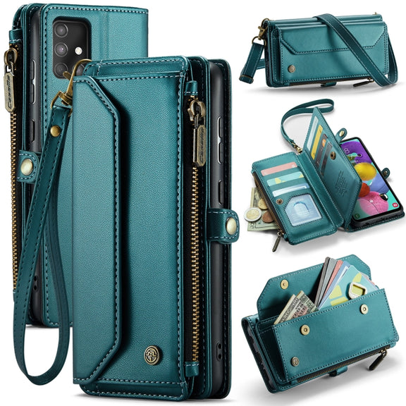 For Samsung Galaxy A51 4G CaseMe C36 Card Slots Zipper Wallet RFID Anti-theft Leather Phone Case(Blue-green)