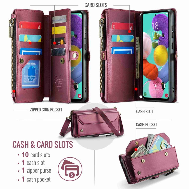 For Samsung Galaxy A51 4G CaseMe C36 Card Slots Zipper Wallet RFID Anti-theft Leather Phone Case(Wine Red)